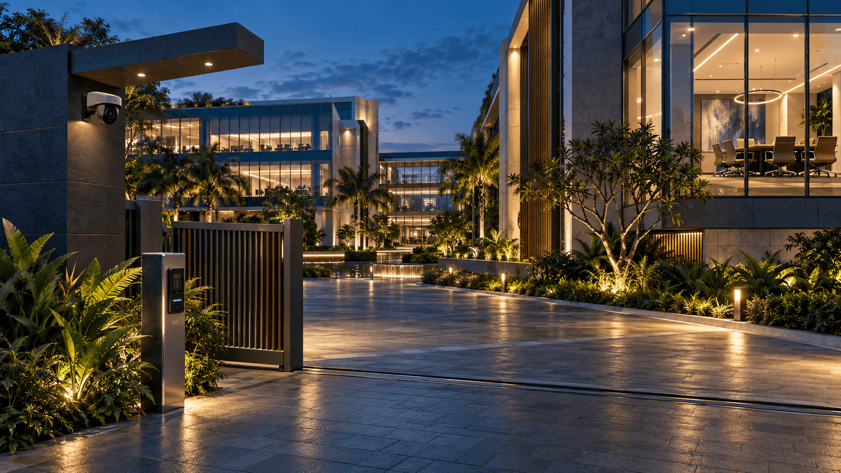 AI-generated concept of a landscaped business campus with controlled entry and illuminated offices