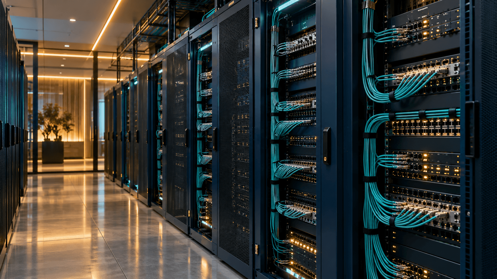 AI-generated concept of network racks with structured teal cabling